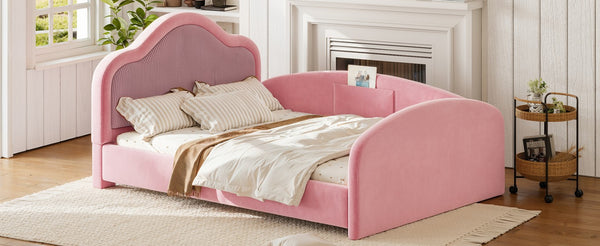 English Elm Twin Curved Upholstered Floor Bed for Kids with Safety Rails and Built-In Storage Pocket Pink Full W5305S00268