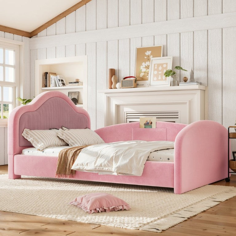 English Elm Twin Curved Upholstered Floor Bed for Kids with Safety Rails and Built-In Storage Pocket Pink Full W5305S00268
