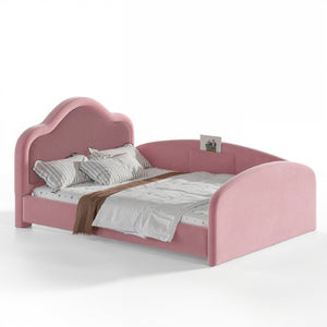 English Elm Twin Curved Upholstered Floor Bed for Kids with Safety Rails and Built-In Storage Pocket Pink Full W5305S00268