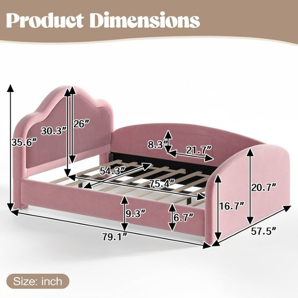 English Elm Twin Curved Upholstered Floor Bed for Kids with Safety Rails and Built-In Storage Pocket Pink Full W5305S00268