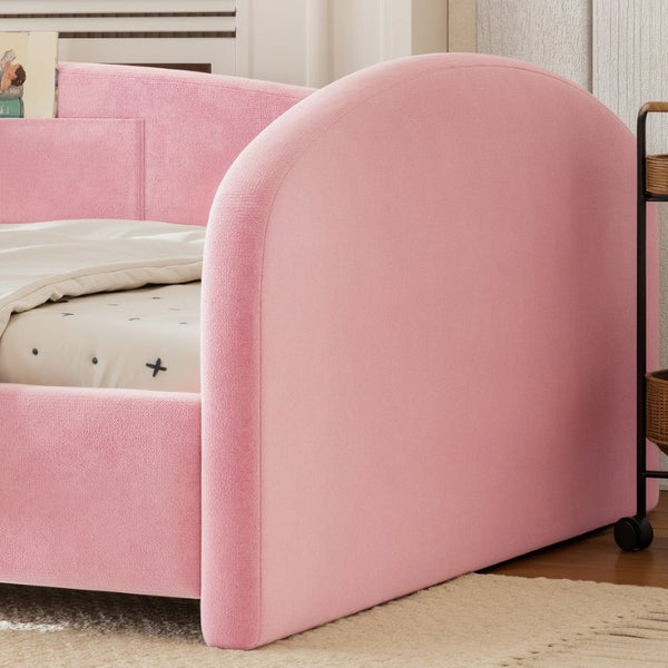 English Elm Twin Curved Upholstered Floor Bed for Kids with Safety Rails and Built-In Storage Pocket Pink Full W5305S00268