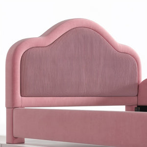 English Elm Twin Curved Upholstered Floor Bed for Kids with Safety Rails and Built-In Storage Pocket Pink Full W5305S00268