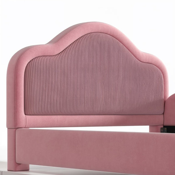 English Elm Twin Curved Upholstered Floor Bed for Kids with Safety Rails and Built-In Storage Pocket Pink Full W5305S00268