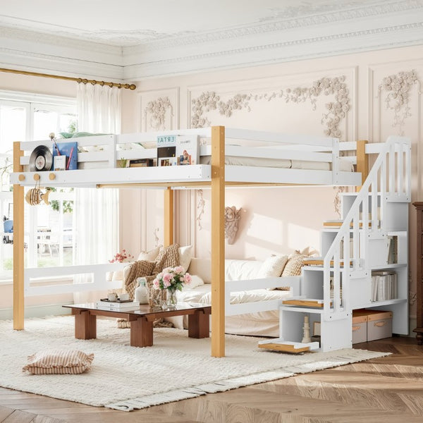 English Elm Full House Shaped Kids Loft Bed Solid Wood Frame with Cabinet Stairs and Shelves White+Natural MDF,Pine,Plywood W5305S00276