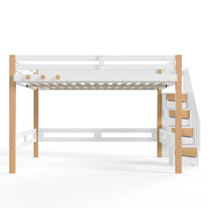 English Elm Full House Shaped Kids Loft Bed Solid Wood Frame with Cabinet Stairs and Shelves White+Natural MDF,Pine,Plywood W5305S00276