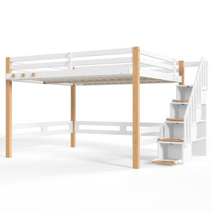 English Elm Full House Shaped Kids Loft Bed Solid Wood Frame with Cabinet Stairs and Shelves White+Natural MDF,Pine,Plywood W5305S00276