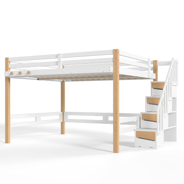 English Elm Full House Shaped Kids Loft Bed Solid Wood Frame with Cabinet Stairs and Shelves White+Natural MDF,Pine,Plywood W5305S00276