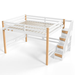 English Elm Full House Shaped Kids Loft Bed Solid Wood Frame with Cabinet Stairs and Shelves White+Natural MDF,Pine,Plywood W5305S00276