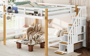 English Elm Full House Shaped Kids Loft Bed Solid Wood Frame with Cabinet Stairs and Shelves White+Natural MDF,Pine,Plywood W5305S00276