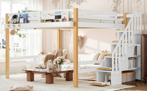 English Elm Full House Shaped Kids Loft Bed Solid Wood Frame with Cabinet Stairs and Shelves White+Natural MDF,Pine,Plywood W5305S00276