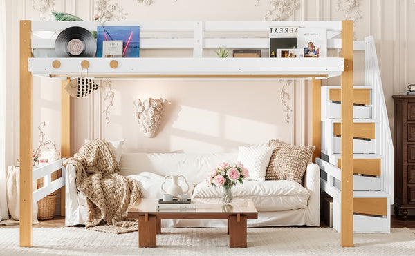 English Elm Full House Shaped Kids Loft Bed Solid Wood Frame with Cabinet Stairs and Shelves White+Natural MDF,Pine,Plywood W5305S00276