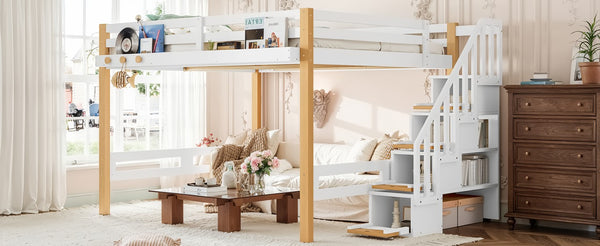 English Elm Full House Shaped Kids Loft Bed Solid Wood Frame with Cabinet Stairs and Shelves White+Natural MDF,Pine,Plywood W5305S00276