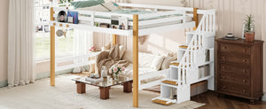 English Elm Full House Shaped Kids Loft Bed Solid Wood Frame with Cabinet Stairs and Shelves White+Natural MDF,Pine,Plywood W5305S00276