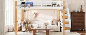 English Elm Full House Shaped Kids Loft Bed Solid Wood Frame with Cabinet Stairs and Shelves White+Natural MDF,Pine,Plywood W5305S00276