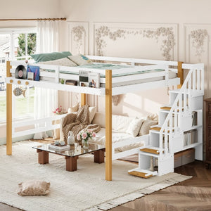 English Elm Full House Shaped Kids Loft Bed Solid Wood Frame with Cabinet Stairs and Shelves White+Natural MDF,Pine,Plywood W5305S00276