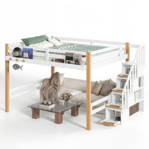 English Elm Full House Shaped Kids Loft Bed Solid Wood Frame with Cabinet Stairs and Shelves White+Natural MDF,Pine,Plywood W5305S00276