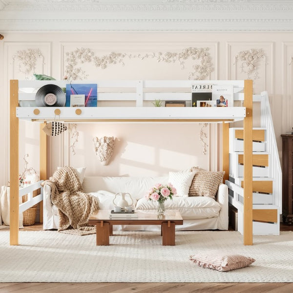 English Elm Full House Shaped Kids Loft Bed Solid Wood Frame with Cabinet Stairs and Shelves White+Natural MDF,Pine,Plywood W5305S00276