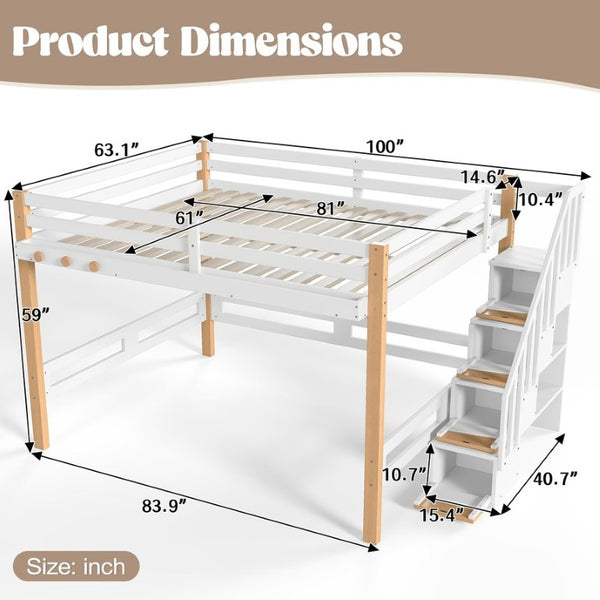 English Elm Full House Shaped Kids Loft Bed Solid Wood Frame with Cabinet Stairs and Shelves White+Natural MDF,Pine,Plywood W5305S00276