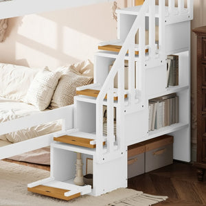 English Elm Full House Shaped Kids Loft Bed Solid Wood Frame with Cabinet Stairs and Shelves White+Natural MDF,Pine,Plywood W5305S00276