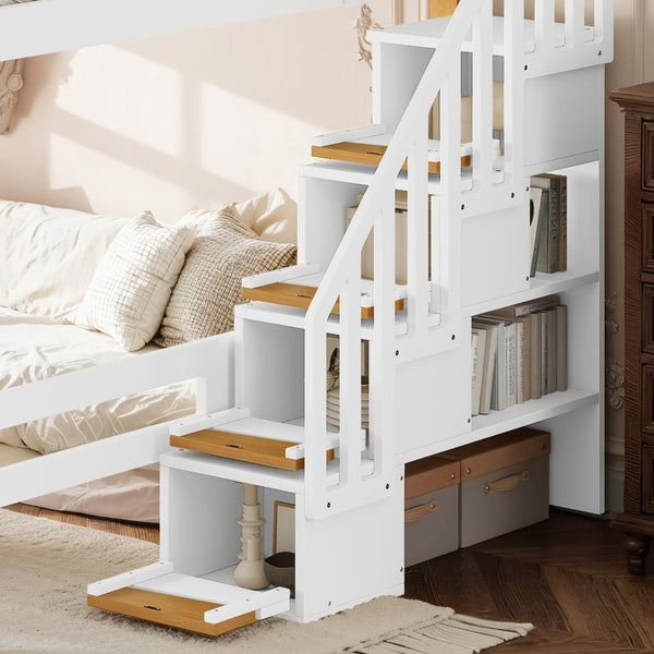 English Elm Full House Shaped Kids Loft Bed Solid Wood Frame with Cabinet Stairs and Shelves White+Natural MDF,Pine,Plywood W5305S00276