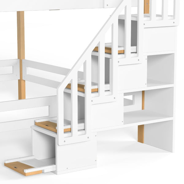 English Elm Full House Shaped Kids Loft Bed Solid Wood Frame with Cabinet Stairs and Shelves White+Natural MDF,Pine,Plywood W5305S00276