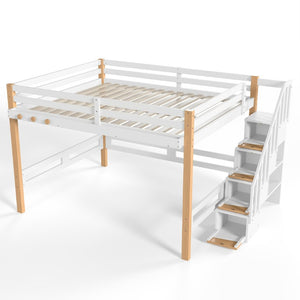 English Elm Full House Shaped Kids Loft Bed Solid Wood Frame with Cabinet Stairs and Shelves White+Natural MDF,Pine,Plywood W5305S00276
