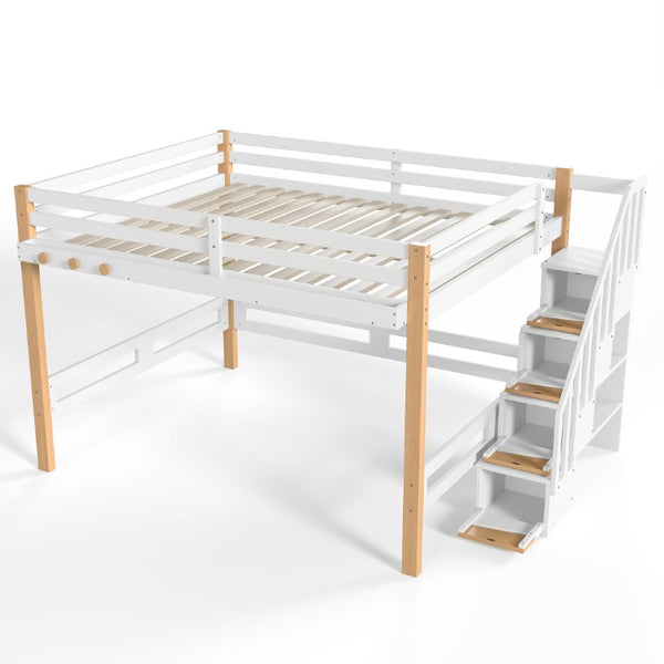 English Elm Full House Shaped Kids Loft Bed Solid Wood Frame with Cabinet Stairs and Shelves White+Natural MDF,Pine,Plywood W5305S00276