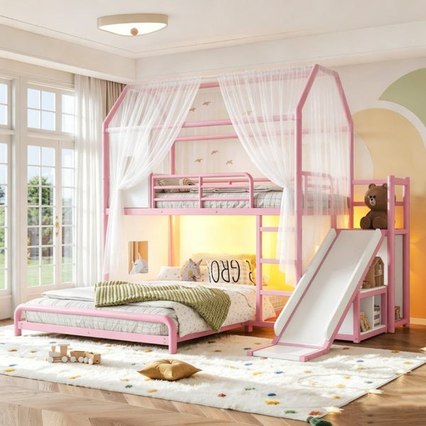 English Elm Twin Over Full Metal Playhouse Bunk Bed with Slide LED Strip and Privacy Curtain Pink W5305S00277