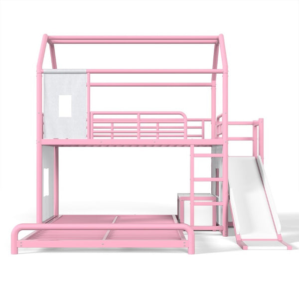 English Elm Twin Over Full Metal Playhouse Bunk Bed with Slide LED Strip and Privacy Curtain Pink W5305S00277