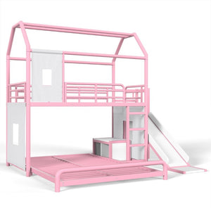 English Elm Twin Over Full Metal Playhouse Bunk Bed with Slide LED Strip and Privacy Curtain Pink W5305S00277