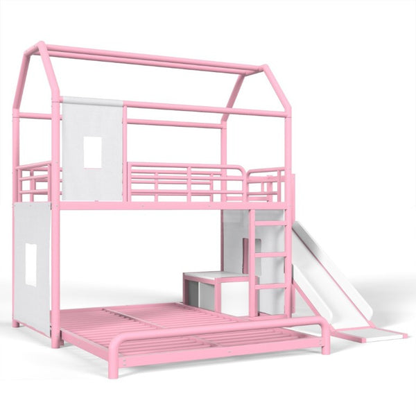 English Elm Twin Over Full Metal Playhouse Bunk Bed with Slide LED Strip and Privacy Curtain Pink W5305S00277