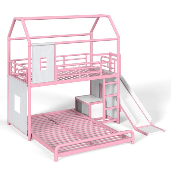 English Elm Twin Over Full Metal Playhouse Bunk Bed with Slide LED Strip and Privacy Curtain Pink W5305S00277