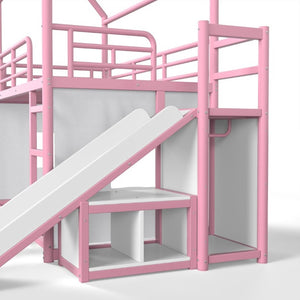 English Elm Twin Over Full Metal Playhouse Bunk Bed with Slide LED Strip and Privacy Curtain Pink W5305S00277