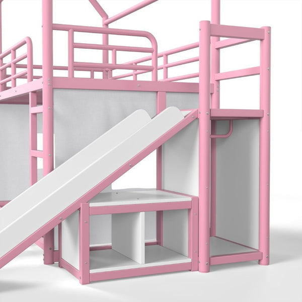 English Elm Twin Over Full Metal Playhouse Bunk Bed with Slide LED Strip and Privacy Curtain Pink W5305S00277