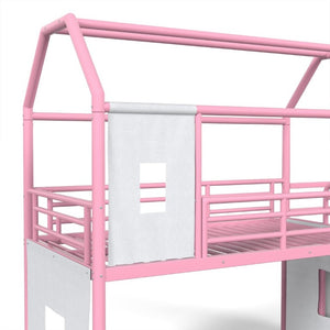 English Elm Twin Over Full Metal Playhouse Bunk Bed with Slide LED Strip and Privacy Curtain Pink W5305S00277