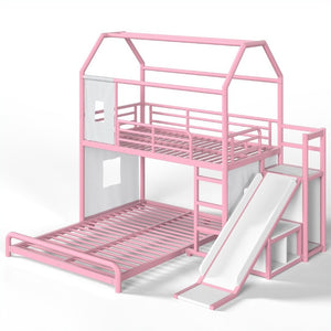English Elm Twin Over Full Metal Playhouse Bunk Bed with Slide LED Strip and Privacy Curtain Pink W5305S00277