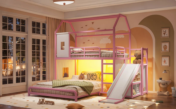 English Elm Twin Over Full Metal Playhouse Bunk Bed with Slide LED Strip and Privacy Curtain Pink W5305S00277