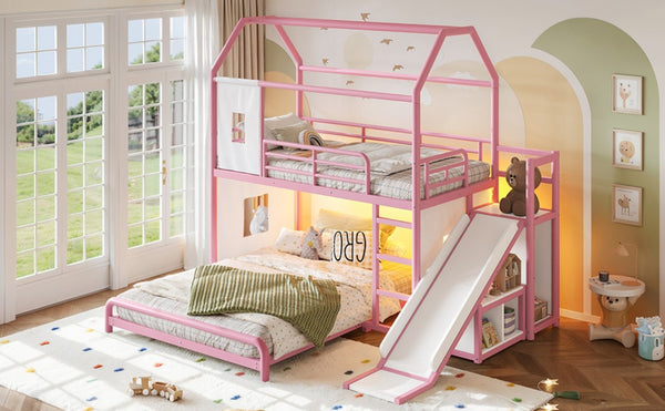English Elm Twin Over Full Metal Playhouse Bunk Bed with Slide LED Strip and Privacy Curtain Pink W5305S00277