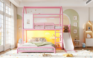 English Elm Twin Over Full Metal Playhouse Bunk Bed with Slide LED Strip and Privacy Curtain Pink W5305S00277