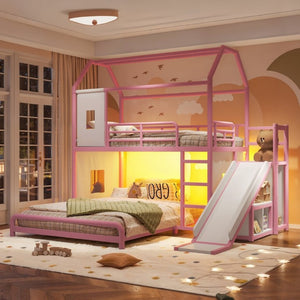 English Elm Twin Over Full Metal Playhouse Bunk Bed with Slide LED Strip and Privacy Curtain Pink W5305S00277