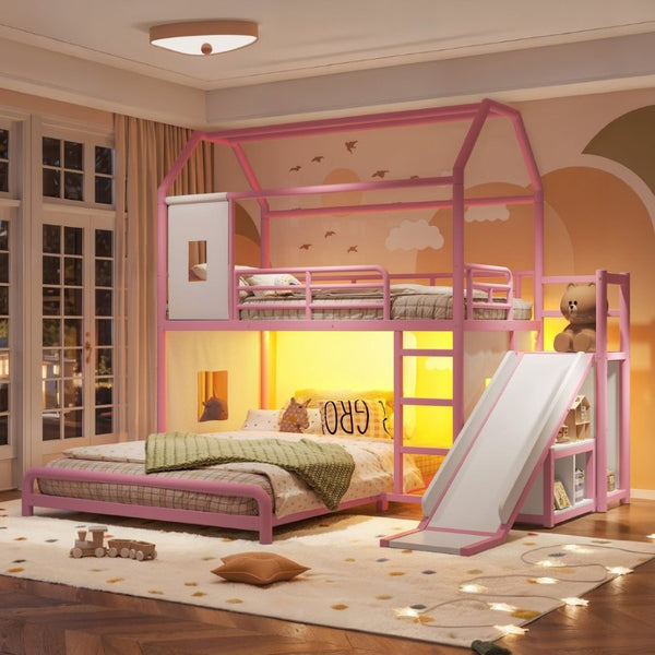 English Elm Twin Over Full Metal Playhouse Bunk Bed with Slide LED Strip and Privacy Curtain Pink W5305S00277