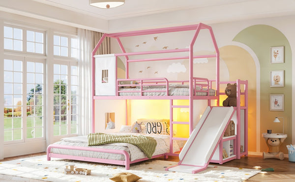 English Elm Twin Over Full Metal Playhouse Bunk Bed with Slide LED Strip and Privacy Curtain Pink W5305S00277