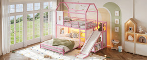 English Elm Twin Over Full Metal Playhouse Bunk Bed with Slide LED Strip and Privacy Curtain Pink W5305S00277
