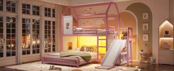 English Elm Twin Over Full Metal Playhouse Bunk Bed with Slide LED Strip and Privacy Curtain Pink W5305S00277