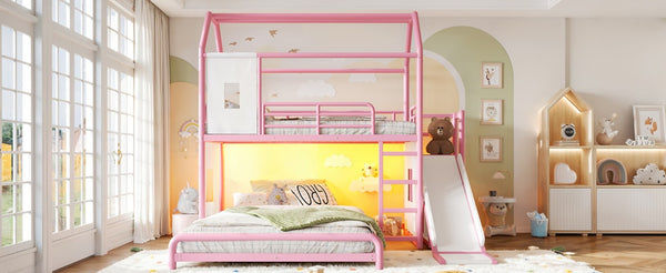 English Elm Twin Over Full Metal Playhouse Bunk Bed with Slide LED Strip and Privacy Curtain Pink W5305S00277