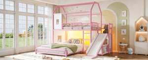 English Elm Twin Over Full Metal Playhouse Bunk Bed with Slide LED Strip and Privacy Curtain Pink W5305S00277