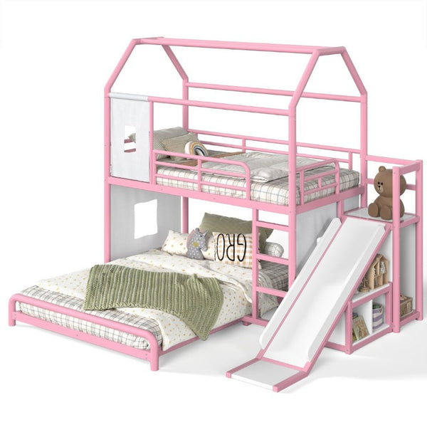 English Elm Twin Over Full Metal Playhouse Bunk Bed with Slide LED Strip and Privacy Curtain Pink W5305S00277