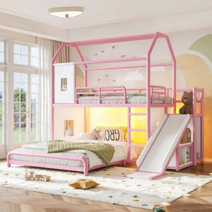 English Elm Twin Over Full Metal Playhouse Bunk Bed with Slide LED Strip and Privacy Curtain Pink W5305S00277