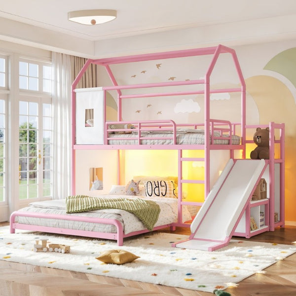 English Elm Twin Over Full Metal Playhouse Bunk Bed with Slide LED Strip and Privacy Curtain Pink W5305S00277