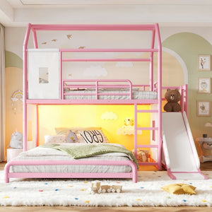 English Elm Twin Over Full Metal Playhouse Bunk Bed with Slide LED Strip and Privacy Curtain Pink W5305S00277